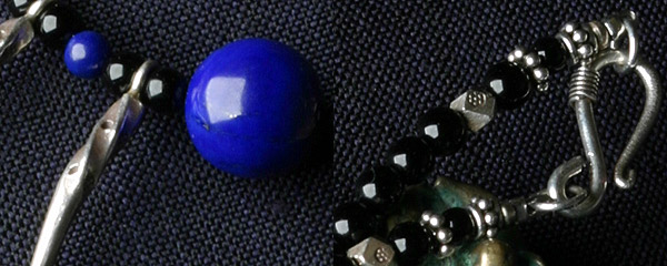 カレン族シルバー 群青の瑠璃 ラピスラズリ 12mm玉 オニキス ビーズ ネックレス 獣の爪ペンダント 魔除け SV950 a03-38