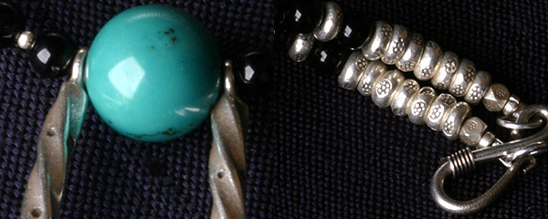 カレン族シルバー 天然無染色 グリーンターコイズ 12mm玉 漆黒の輝き オニキス ビーズ ネックレス 獣の爪ペンダント SV950 a03-41
