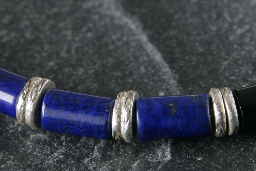 カレン族シルバー 群青の瑠璃 ラピスラズリ ブラックアゲート ビーズ ネックレス SV950 a03-61