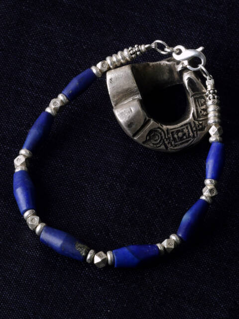 カレン族シルバー 群青の瑠璃 ラピスラズリ ビーズ ブレスレット アンクレット SV950 a06-46