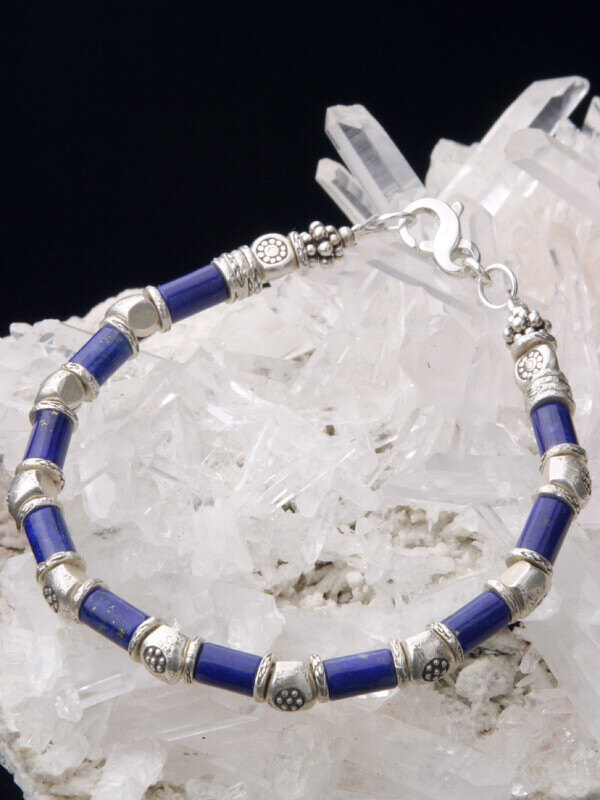 カレン族シルバー 群青の瑠璃 ラピスラズリ ビーズ ブレスレット アンクレット 貝を模した古い銀貨 SV950 a06-61