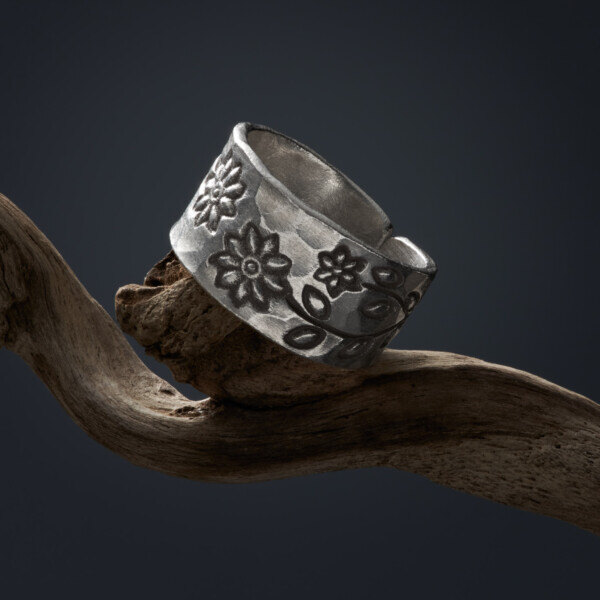 カレン族シルバー リング 11号～21号 フリーサイズ 指輪 幅広 極太 槌目/植物文様 SV950 a07-75