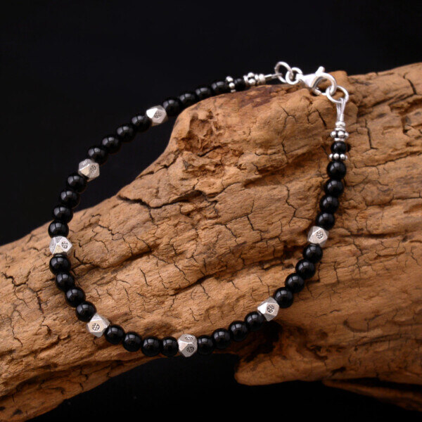 カレン族シルバー 漆黒の輝き オニキス ビーズ ブレスレット アンクレット 魔除け SV950 a06-14