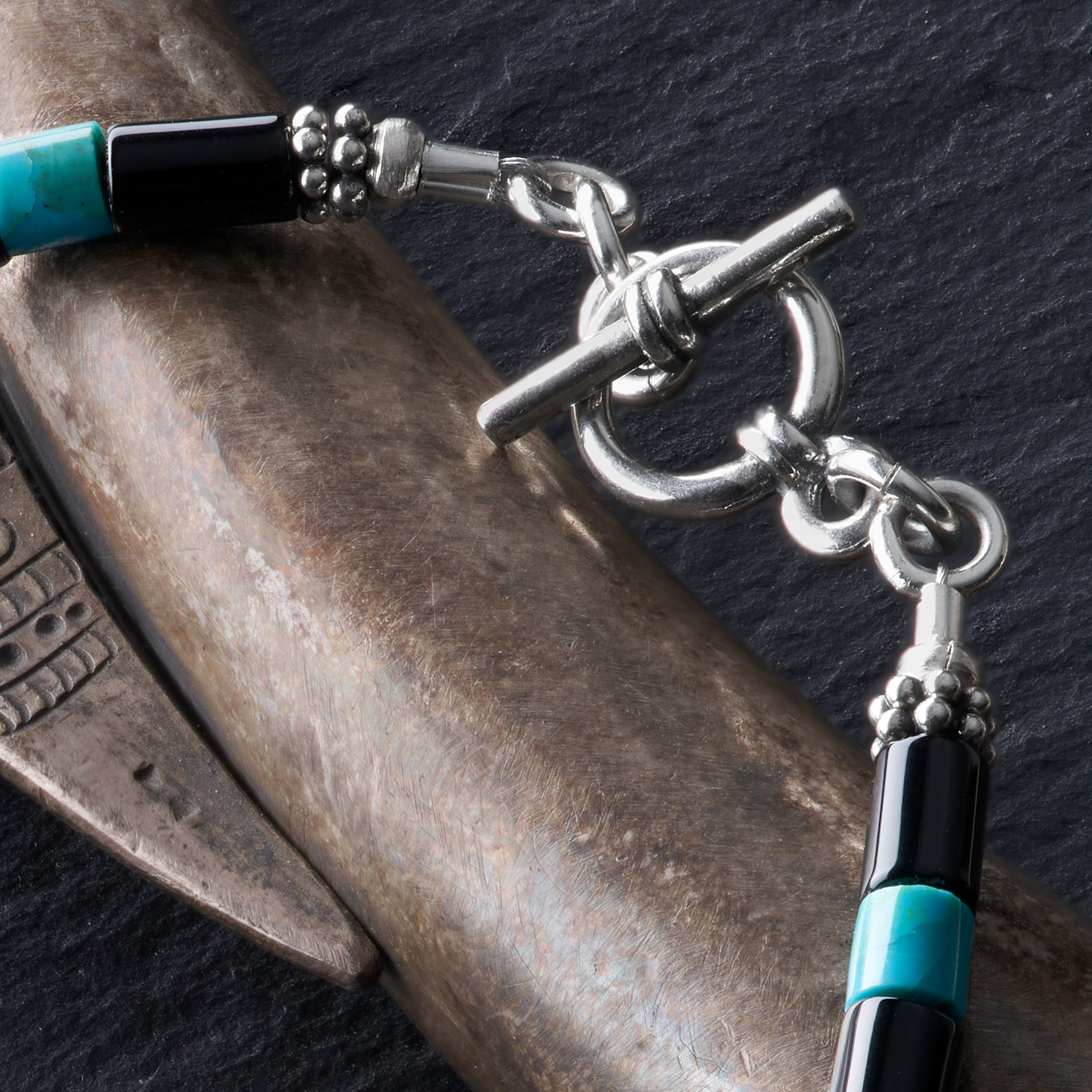 カレン族シルバー 天然無染色 ターコイズ ブラックアゲート ビーズ ブレスレット アンクレット SV950 a06-80 - 留め具