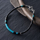 カレン族シルバー 天然無染色 ターコイズ ブラックアゲート ビーズ ブレスレット アンクレット SV950 a06-80